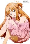  :d absurdres asuna_(sao) bangs bare_shoulders barefoot blush braid breasts cleavage dress french_braid from_side hair_twirling half_updo head_tilt highres knees_to_chest knees_together_feet_apart knees_up leg_hug long_hair long_legs long_sleeves medium_breasts megami naked_sweater no_bra non-web_source off_shoulder official_art open_mouth parted_bangs ribbed_sweater scan simple_background sitting sleeves_past_wrists smile solo suzuki_kanta sweater sweater_dress sword_art_online very_long_hair white_background 
