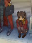  1girl archer black_hair coat fate/stay_night fate_(series) gloves green_eyes highres hino_taka loafers out_of_frame plaid plaid_scarf red_coat scarf shoes skirt squatting standing thighhighs toosaka_rin 