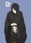  1boy 1girl ? artist_request black_hair blush cloak father_and_daughter glasses hair_over_one_eye hand_on_head naruto naruto:_the_last naruto_shippuuden short_hair simple_background sweatdrop thought_bubble uchiha_sarada uchiha_sasuke 