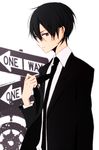  black_eyes black_hair formal kirito male_focus necktie one_way_sign solo suit sword_art_online tsukimori_usako 