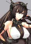  adjusting_hair bare_shoulders black_gloves black_hair breasts brown_eyes elbow_gloves fingerless_gloves gloves grey_background headgear highres kantai_collection large_breasts long_hair looking_at_viewer nagato_(kantai_collection) simple_background solo takamura_wamu upper_body 