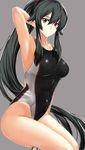  absurdres arm_up armpits black_hair breasts competition_swimsuit cowboy_shot grey_background highres kantai_collection large_breasts long_hair looking_at_viewer one-piece_swimsuit ponytail red_eyes simple_background sitting solo sweat swimsuit takamura_wamu thighs very_long_hair yahagi_(kantai_collection) 