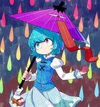  blue_eyes blue_hair downscaled furukawa_(yomawari) heterochromia karakasa_obake md5_mismatch rain red_eyes resized short_hair skirt solo tatara_kogasa tongue touhou umbrella 