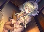  1girl amakano bench blush breasts brown_hair coat eyes_closed game_cg kanbayashi_mizuki long_hair mole piromizu scarf sitting solo 