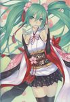  2d detached_sleeves flower green_eyes green_hair hair_flower hair_ornament hatsune_miku japanese_clothes long_hair miko obi sash solo string_around_finger string_in_mouth twintails vocaloid 