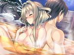  1girl amakano areolae blush breasts brown_hair eyes_closed game_cg kanbayashi_mizuki mixed_bathing nipples nude piromizu smile water 