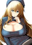  atago_(kantai_collection) black_legwear blue_eyes breasts cleavage cleavage_cutout hat highres kantai_collection large_breasts long_hair looking_at_viewer meme_attire open-chest_sweater pantyhose ribbed_sweater solo sweater takamura_wamu turtleneck white_background 