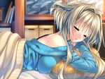  1girl amakano bed blush brown_hair eyes_closed game_cg kanbayashi_mizuki mole open_mouth pillow piromizu solo 