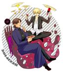  alcohol bad_id bad_pixiv_id blonde_hair bottle brown_hair carnival_phantasm fate/stay_night fate_(series) food gate_of_babylon gilgamesh grail-kun kotomine_kirei mapo_doufu multiple_boys redby623 sitting wine 