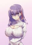  :o alternate_costume arms_behind_back breasts cleavage cleavage_cutout fate/stay_night fate_(series) gradient gradient_background hair_ribbon highres large_breasts long_hair matou_sakura meme_attire open-chest_sweater purple_background purple_eyes purple_hair ribbed_sweater ribbon solo souyoku sweater turtleneck upper_body 