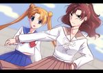  bishoujo_senshi_sailor_moon blonde_hair blue_eyes blue_sailor_collar brown_hair double_bun dutch_angle green_eyes hair_bobbles hair_ornament hand_on_hip juuban_middle_school_uniform kan_(sagasaga123) kino_makoto kino_makoto's_school_uniform long_hair multiple_girls ponytail protecting sailor_collar school_uniform serafuku tsukino_usagi twintails 