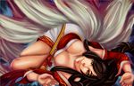 1girl ahri animal_ears black_hair breasts cleavage detached_sleeves female floor fox_ears fox_tail frozentofu gold_eyes japanese_clothes kitsunemimi kyuubi large_breasts league_of_legends lips long_hair looking_at_viewer lying multiple_tails smile solo tail traditional_clothes wafuku yellow_eyes 