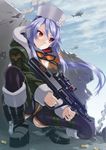  aircraft assault_rifle battlefield_(series) battlefield_4 belt_boots black_footwear boots breasts bullpup cleavage cloud fur_boots fur_hat goggles goggles_around_neck gun gunship hat helicopter is_ii knee_boots long_hair medium_breasts mi-28 one_knee purple_hair red_eyes ribbed_legwear rifle sky solo steyr_aug taking_cover thighhighs trigger_discipline vertical_foregrip weapon 