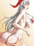  1girl ass ass_grab bikini blush bouncing_breasts breasts christmas ebido from_behind grabbing_another's_ass groping hat hetero highres large_breasts long_hair motion_lines open_mouth pale_skin red_bikini red_eyes santa_hat selvaria_bles senjou_no_valkyria sex side-tie_bikini silver_hair solo_focus swimsuit thong_bikini tongue untied untied_bikini 