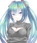  aqua_eyes aqua_hair breasts cleavage cleavage_cutout crossed_arms hatsune_miku kiseno long_hair medium_breasts meme_attire open-chest_sweater ribbed_sweater simple_background solo sweater turtleneck twintails vocaloid white_background 