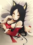  ahri animal_ears apoochin black_hair breasts dutch_angle female fox_ears kitsunemimi kyuubi large_breasts league_of_legends long_hair looking_at_viewer lying multiple_tails on_stomach solo 