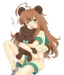  :o ahoge animal_ears bear_ears bear_girl bow bowtie brown_eyes brown_hair kantai_collection kuma_(kantai_collection) long_hair midriff motohara_moka school_uniform serafuku sitting solo stuffed_animal stuffed_toy teddy_bear white_background 