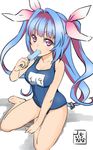  blue_hair clothes_writing food hair_ornament hair_ribbon i-19_(kantai_collection) kantai_collection long_hair mokyutan one-piece_swimsuit pink_eyes popsicle ribbon school_swimsuit sitting solo stamp swimsuit tri_tails white_background yokozuwari 