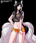  ahri alternate_costume animal_ears bangs black_background black_hair breasts crop_top facial_mark female fox_ears kitsunemimi kyoffie12 kyuubi large_breasts league_of_legends long_hair multiple_tails navel open_mouth shorts sidelocks simple_background solo watermark web_address whiskers 