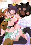  absurdres animal_ears bare_shoulders bear_ears bear_girl black_legwear blue_hair blush breasts brown_hair cleavage crown detached_collar gloves green_eyes green_panties highres kikuta_kouichi large_breasts legs licking_lips long_hair megami midriff multiple_girls non-web_source official_art open_mouth panties paw_gloves paw_shoes paws purple_eyes saliva saliva_trail shoes short_hair sleeveless thighhighs tongue tongue_out underwear yuri yuri_kuma_arashi yurigasaki_lulu yurishiro_ginko 