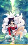  1girl ahri animal_ears artist_request black_hair breasts cleavage female fox_tail gold_eyes kitsunemimi kyuubi large_breasts league_of_legends long_hair looking_at_viewer multiple_tails solo tail traditional_clothes wafuku 