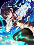  black_hair black_legwear blue_eyes blurry borrowed_character depth_of_field dutch_angle hair_ornament hairclip long_hair looking_at_viewer nekoboshi_sakko original smile solo thighhighs zettai_ryouiki 