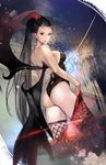  ass backless_outfit bare_shoulders bat_wings black_eyes black_hair breasts demon_girl fishnet_legwear fishnets from_behind highres hitowa horns leotard long_hair looking_at_viewer looking_back medium_breasts original parted_lips pointy_ears ponytail skin_tight slit_pupils smile solo thighhighs wings 