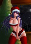  atelier_(series) bare_shoulders belt breasts christmas christmas_tree cleavage drawfag garter_straps hat large_breasts long_hair looking_at_viewer midriff miniskirt navel pamela_ibiss pink_eyes purple_hair red_legwear santa_costume santa_hat skirt skirt_tug smile solo standing strapless thighhighs tubetop 