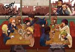  1girl 6+boys alternate_costume basil_hawkins black_hair blonde_hair blue_hair booth brown_hair bun capone_gang_bege contemporary cup diner eating eustass_captain_kid food formal glasses green_hair hair_bun headphones jewelry_bonney killer_(one_piece) long_hair monkey_d_luffy multiple_boys noodles one_piece pink_hair ponytail red_hair roronoa_zoro sano scar scratchmen_apoo sitting sleeping smile suit supernova table trafalgar_law urouge x_drake 