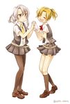  :d asymmetrical_hair blonde_hair closed_eyes gloves grey_eyes grey_hair holding_hands interlocked_fingers kantai_collection kneehighs maikaze_(kantai_collection) motohara_moka multiple_girls necktie nowaki_(kantai_collection) open_mouth pantyhose pleated_skirt ponytail school_uniform scrunchie shoes skirt smile twitter_username vest white_background yellow_neckwear 