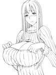  blush breasts cleavage cleavage_cutout ebido greyscale huge_breasts lineart long_hair long_sleeves meme_attire monochrome nose_blush open-chest_sweater ribbed_sweater selvaria_bles senjou_no_valkyria solo sweater turtleneck upper_body 