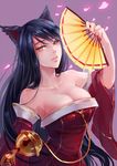  1girl ahri animal_ears bare_shoulders bell black_hair breasts brown_eyes cleavage detached_sleeves fan female fox_ears gold_eyes japanese_clothes kitsunemimi large_breasts league_of_legends long_hair looking_at_viewer nail_polish open_mouth red_nails red_outfit solo traditional_clothes wafuku wensi_(summermeer) yellow_eyes 