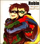  batman_(series) bird bodysuit boots brothers cape carrying character_name cross-laced_footwear damian_wayne dc_comics dick_grayson domino_mask family gauntlets gloves lace-up_boots male male_focus mask multiple_boys nightwing piggyback robin_(dc) siblings smile 