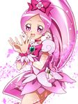  :d absurdres bad_id bad_pixiv_id blush bow brooch choker cure_blossom earrings hair_bow hanasaki_tsubomi heartcatch_precure! highres jewelry long_hair magical_girl open_mouth pink_bow pink_choker pink_eyes pink_hair pink_skirt ponytail precure ribbon sharumon skirt smile solo white_background wrist_cuffs 