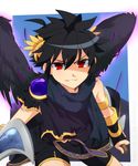  armband armlet bad_id bad_pixiv_id bike_shorts black_hair black_wings blade bracer dark_pit kid_icarus kid_icarus_uprising laurel_crown looking_at_viewer male_focus red_eyes smirk solo super_smash_bros. toga weapon wings 