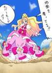  bakusai blonde_hair blue_eyes bow commentary_request cure_flora dress earrings flower full_body gloves go!_princess_precure haruno_haruka jewelry long_hair magical_girl mode_elegant_(go!_princess_precure) multicolored_hair pink_bow pink_dress pink_hair precure puffy_sleeves ribbon smile solo streaked_hair translation_request two-tone_hair 