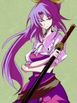  belt bow crossed_arms hair_bow hair_ribbon katana long_hair ponytail purple_hair red_eyes rhox_(sukurasa) ribbon smile solo sword touhou watatsuki_no_yorihime weapon 