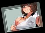  :&gt; between_breasts breasts brown_eyes brown_hair bursting_breasts cleavage cleavage_reach dutch_angle gatchaman_crowds ichinose_hajime large_breasts necktie necktie_between_breasts noccu reaching_out school_uniform self_shot short_hair solo unbuttoned viewfinder 