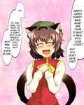  1girl animal_ears blush brown_hair cat_ears cat_tail chen christmas earrings enami_hakase female hard_translated hat jewelry multiple_tails short_hair smile solo tail touhou translated 