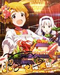  :d :o beamed_eighth_notes card_(medium) chandelier character_name character_signature eyebrows flower hair_flower hair_ornament idolmaster idolmaster_(classic) idolmaster_million_live! japanese_clothes kappougi miyao_miya multiple_girls musical_note official_art open_mouth shijou_takane smile thick_eyebrows 