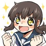 blush brown_hair clenched_hands fubuki_(kantai_collection) kantai_collection lowres open_mouth rebecca_(keinelove) short_hair smile solo sparkle sparkling_eyes yellow_eyes 