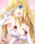  ;d amagi_brilliant_park blonde_hair blue_eyes blush breasts cleavage drill_hair elbow_gloves flower gloves jewelry latifa_fleuranza long_hair one_eye_closed open_mouth pendant rose small_breasts smile solo tyone white_gloves 