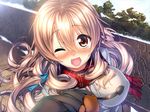  1girl amakano blush breasts brown_eyes brown_hair coat game_cg hoshikawa_koharu large_breasts long_hair open_mouth piromizu scarf wink 