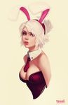  alternate_costume animal_ears bare_shoulders battle_bunny_riven breasts brown_eyes bunny_ears bunny_girl bunnysuit cropped_arms detached_collar fake_animal_ears folded_ponytail jonathan_hamilton league_of_legends lips lipstick makeup medium_breasts necktie nose red_neckwear revision riven_(league_of_legends) short_hair short_necktie solo white_background white_hair 