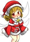  blonde_hair blush chestnut_mouth fairy_wings gaoo_(frpjx283) hat highres luna_child miniskirt open_mouth red_eyes santa_costume santa_hat skirt solo touhou wings 