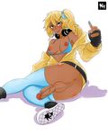  artist_request ass belt blonde_hair blue_legwear breasts dark_skin fingerless_gloves full-package_futanari futanari futanarirn gloves hair_ornament hairclip headphones knightgawain large_breasts middle_finger nail_polish newhalf nipple_piercing no_panties original penis perineum pussy shiny shiny_skin shoes sneakers solo testicles thighhighs yellow_eyes 
