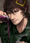  beard bottle brown_hair cafemoka-septro disco_(sbr) facial_hair hair_ornament highres jojo_no_kimyou_na_bouken male_focus poison solo steel_ball_run stubble 