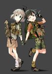  ;d assault_rifle backpack bag black_background black_hair blush brown_hair camouflage flash_suppressor fn_scar fn_scar_16 fn_scar_17 foregrip full_body gloves green_eyes gun hair_ornament hairclip highres holding holding_gun holding_hands holding_weapon interlocked_fingers kuraue_hinata load_bearing_vest looking_at_viewer map military multiple_girls note notes one_eye_closed open_mouth paper pen plate_carrier purple_eyes rifle school_uniform scope shirt shoes short_hair shorts skirt smile stanag_magazine tianran_jiyou twintails w walkie-talkie weapon yama_no_susume yukimura_aoi 