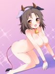  all_fours animal_ears bell bell_collar blush breasts brown_eyes brown_hair character_request collar cow_bell cow_ears cow_horns cow_tail hairband highres horns large_breasts nipples nude open_mouth pretty_(series) pripara short_hair solo tail takano_natsuki wristband 