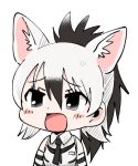  1girl :o aardwolf_(kemono_friends) aardwolf_ears animal_ears black_eyes black_hair blush chibi commentary_request extra_ears eyebrows_visible_through_hair hair_between_eyes kemono_friends long_hair multicolored_hair necktie panzuban ponytail simple_background solo two-tone_hair underwear white_background white_hair 